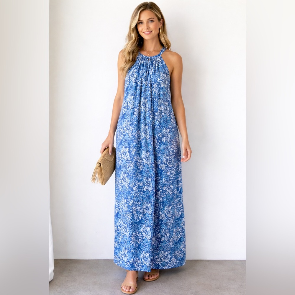 Fitzroy & Willa 100% Cotton Maxi Floral Tropical Dress Blue White M